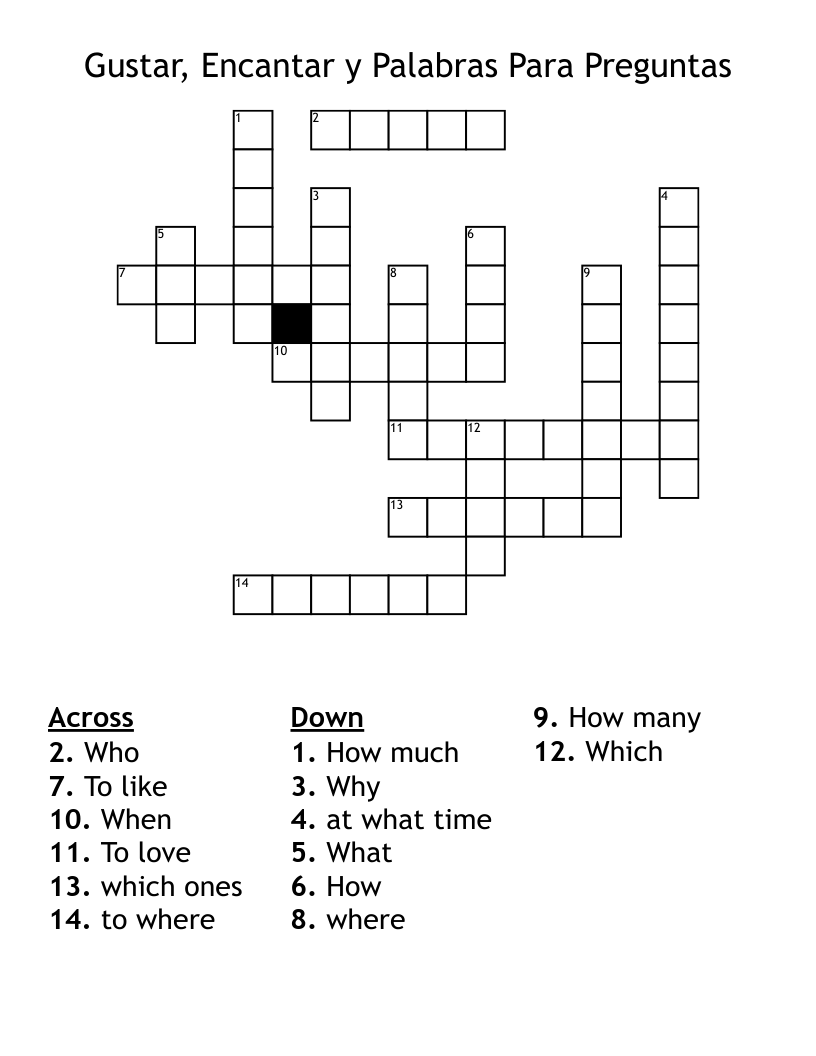 Gustar, Encantar y Palabras Para Preguntas Crossword