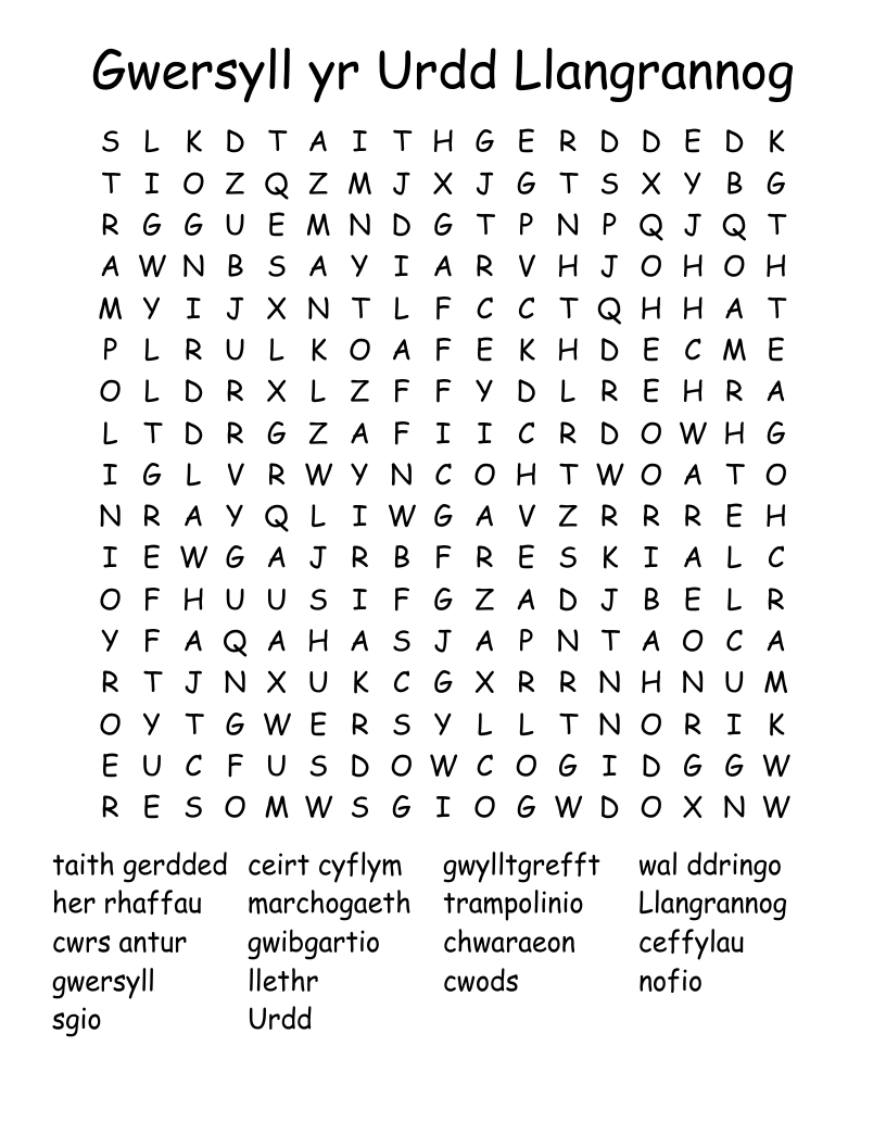 Gwersyll yr Urdd Llangrannog Word Search
