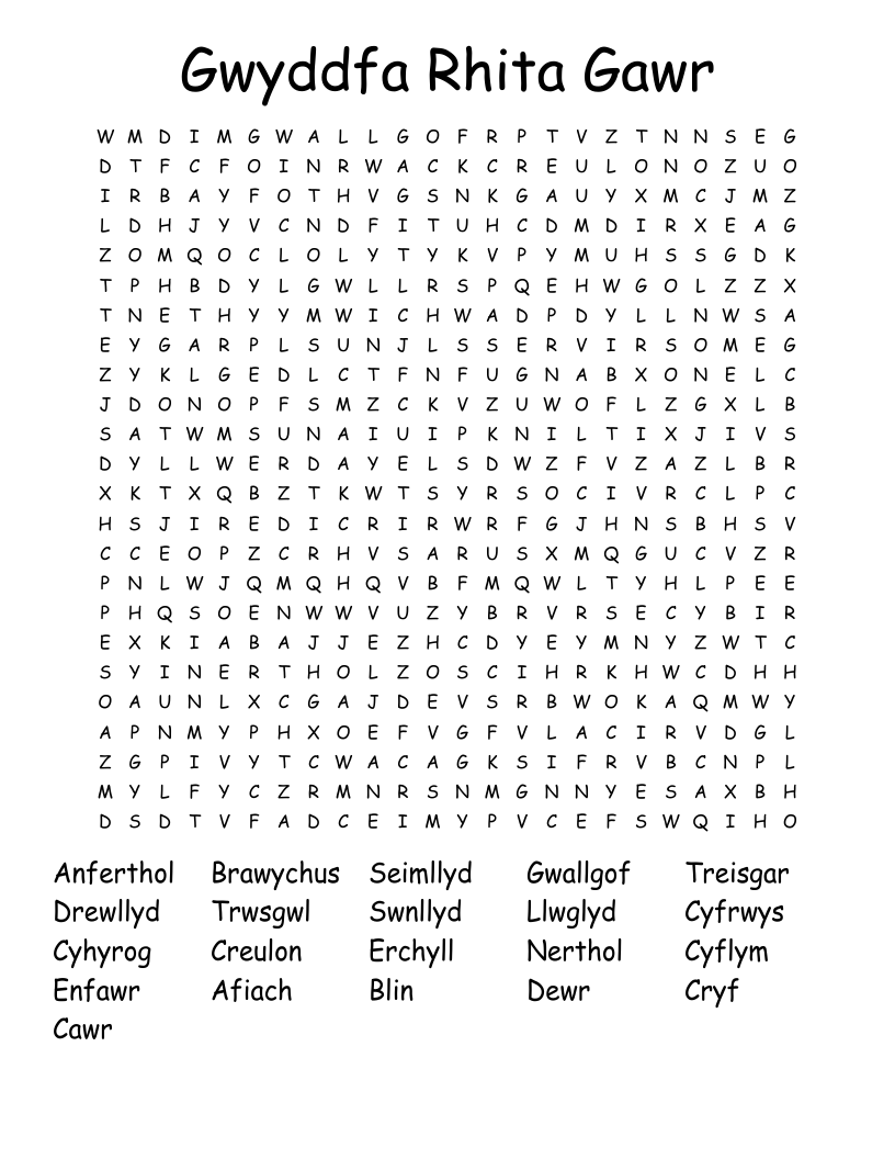 Gwyddfa Rhita Gawr Word Search