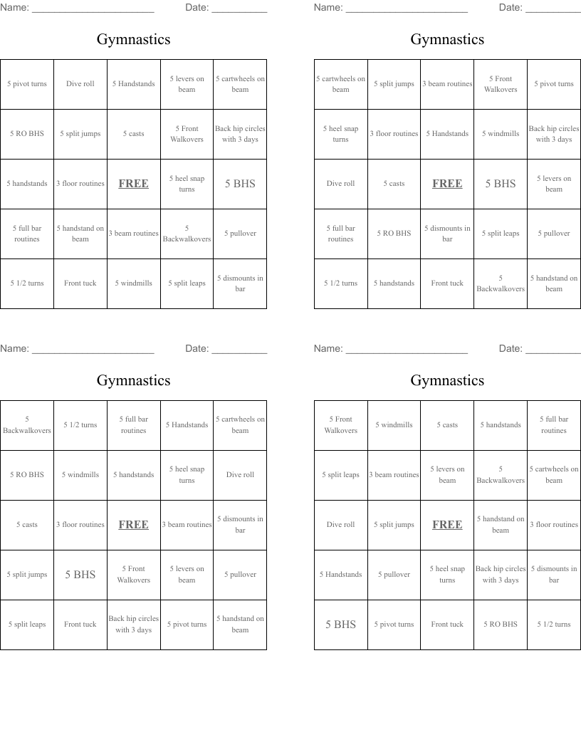 Gymnastics Bingo Cards