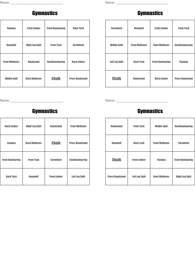 Gymnastics Bingo Cards