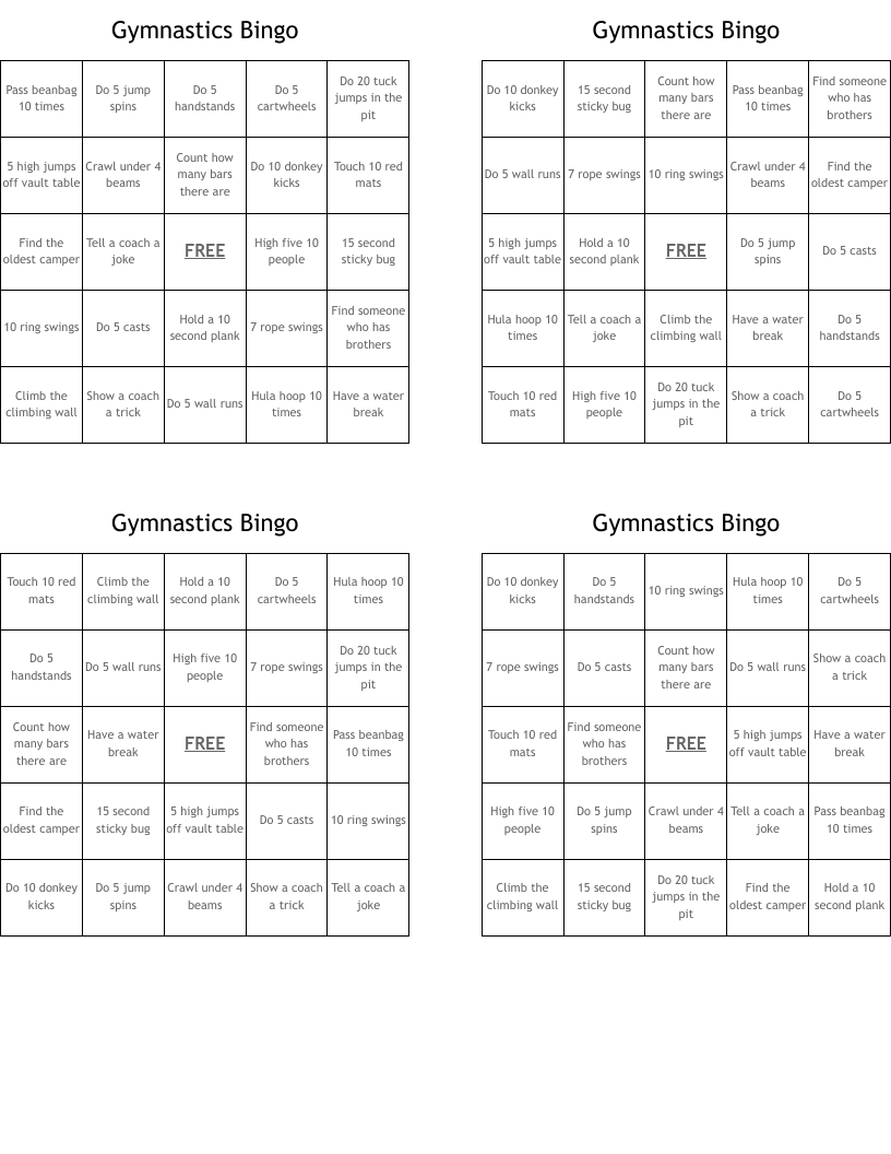Gymnastics Bingo