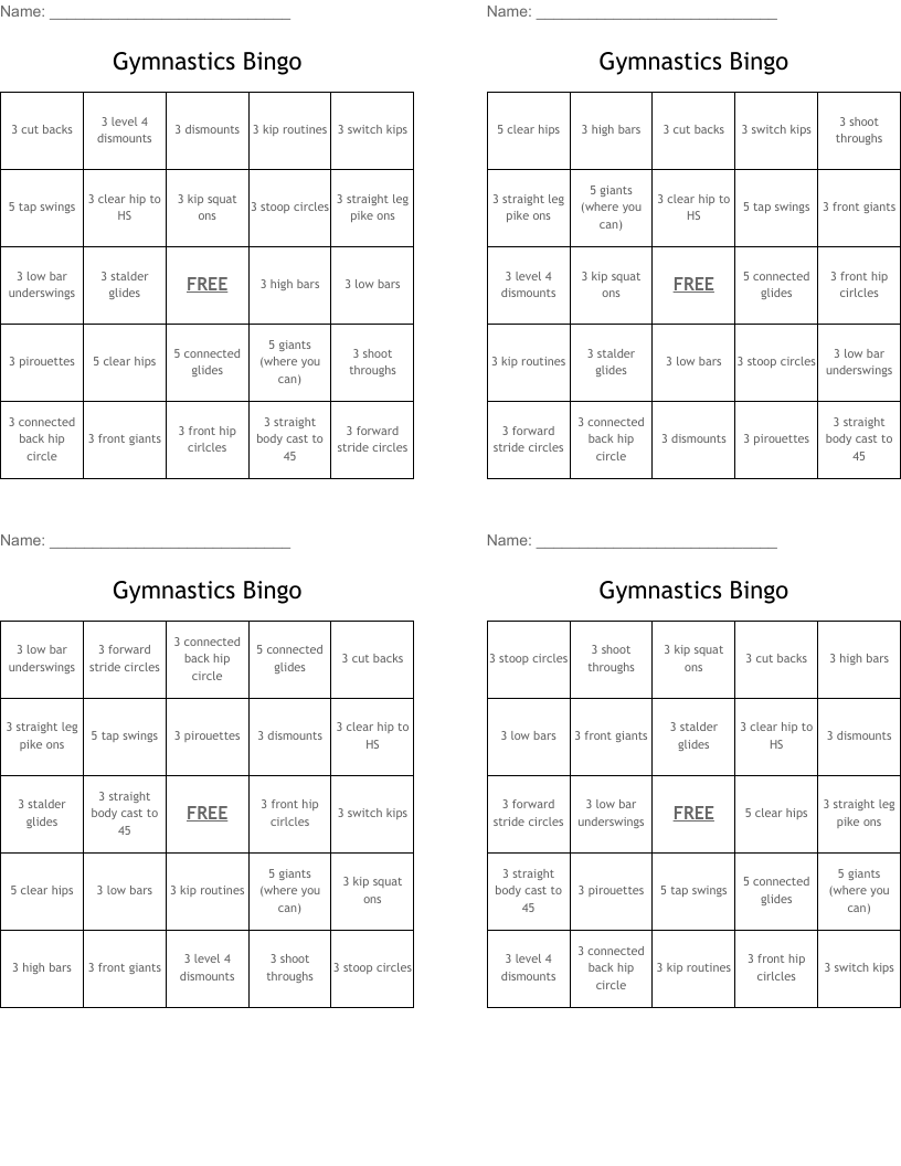 Gymnastics Bingo
