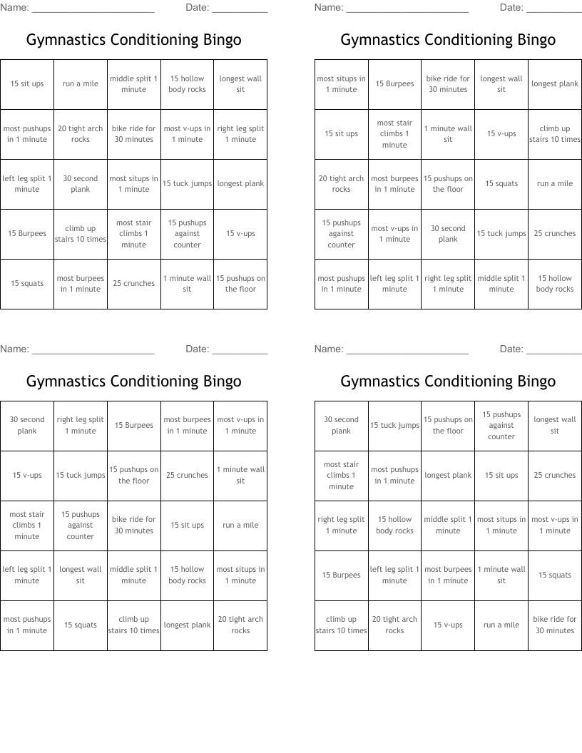Gymnastics Conditioning Bingo
