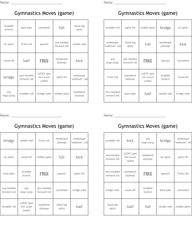 Gymnastics Moves (game) Bingo Cards