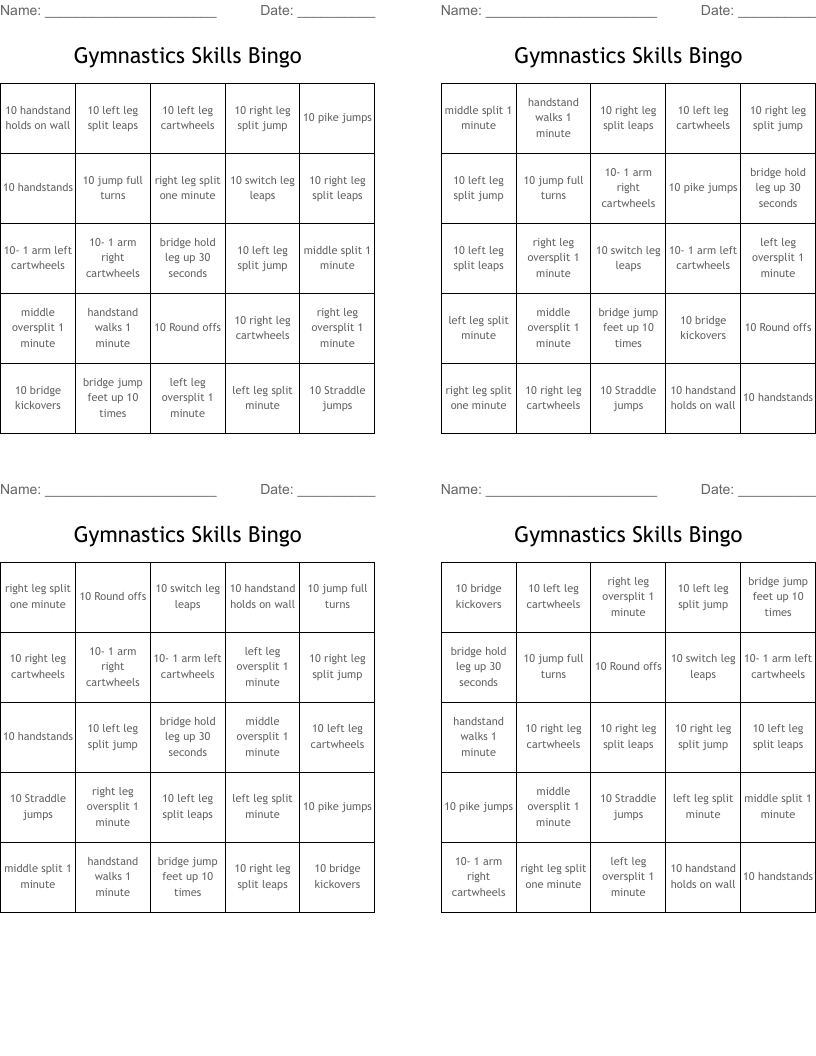 Gymnastics Skills Bingo