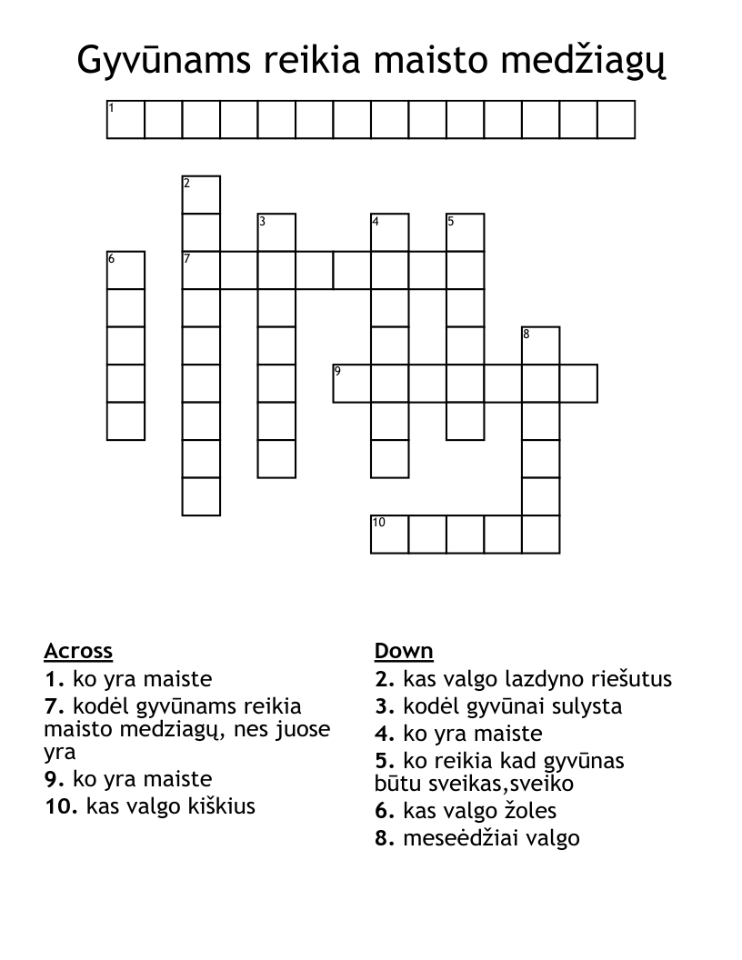 Gyvūnams reikia maisto medžiagų Crossword