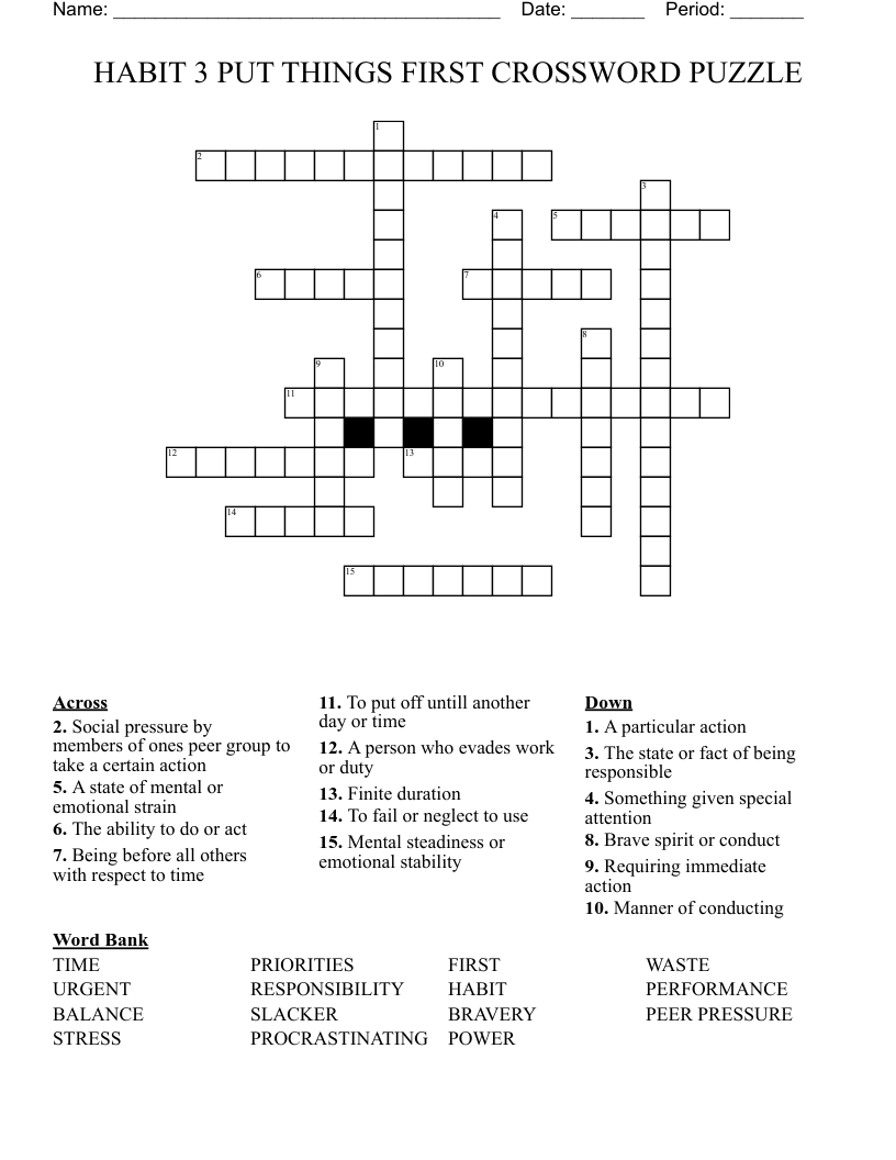 HABIT 3 PUT THINGS FIRST CROSSWORD PUZZLE