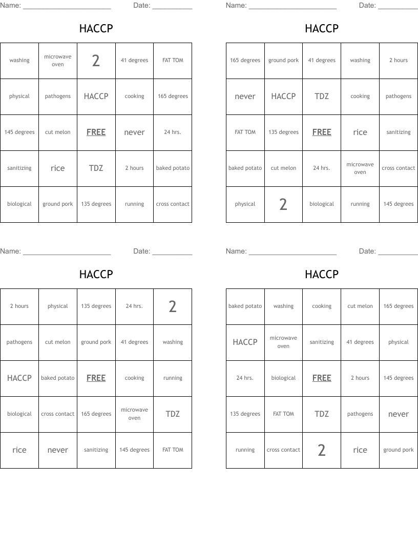 HACCP Bingo Cards