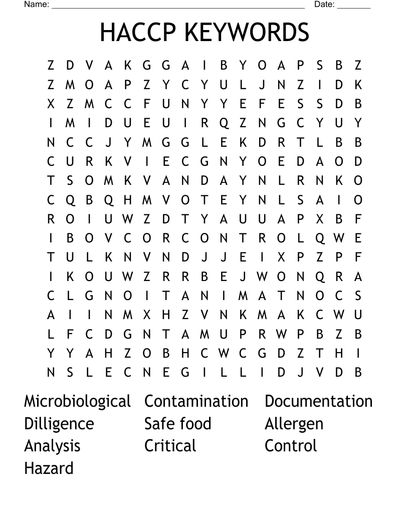 HACCP KEYWORDS Word Search