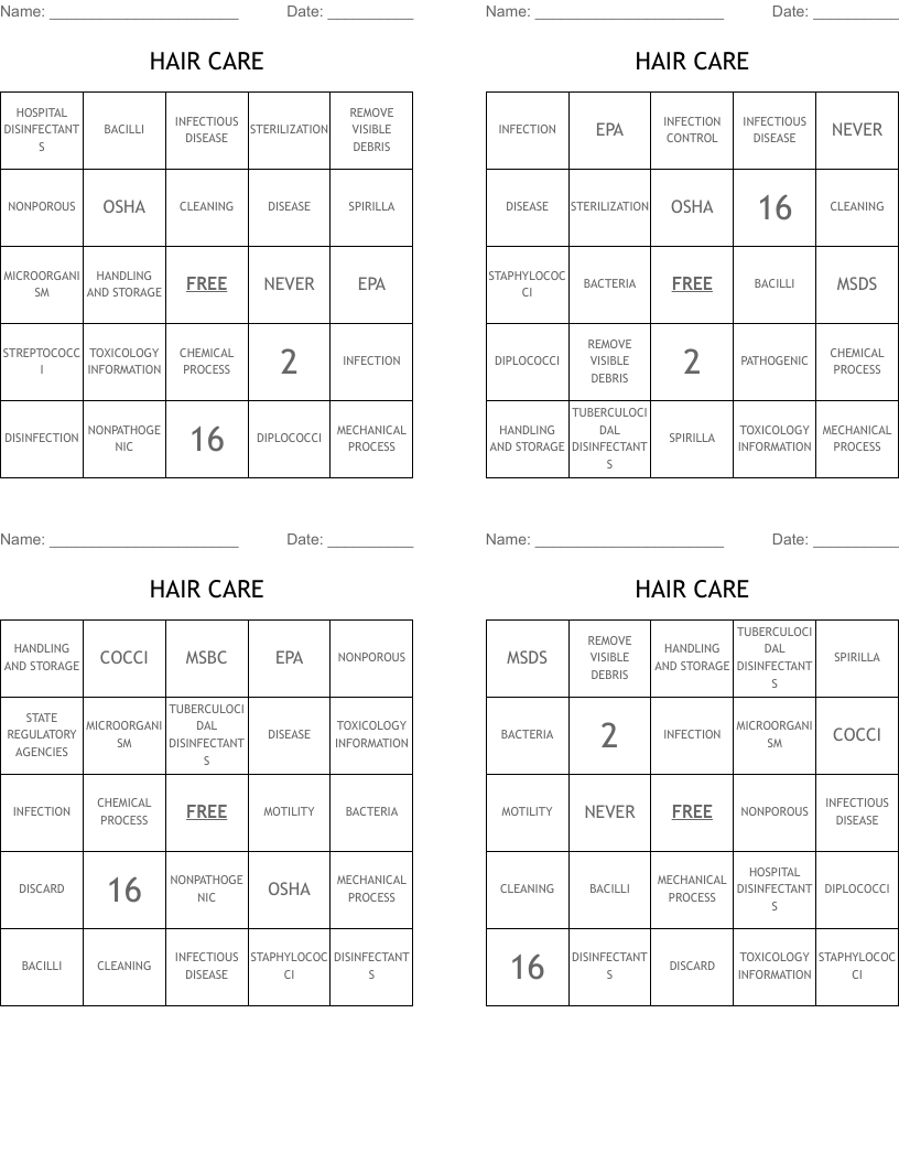 HAIR CARE Bingo Cards