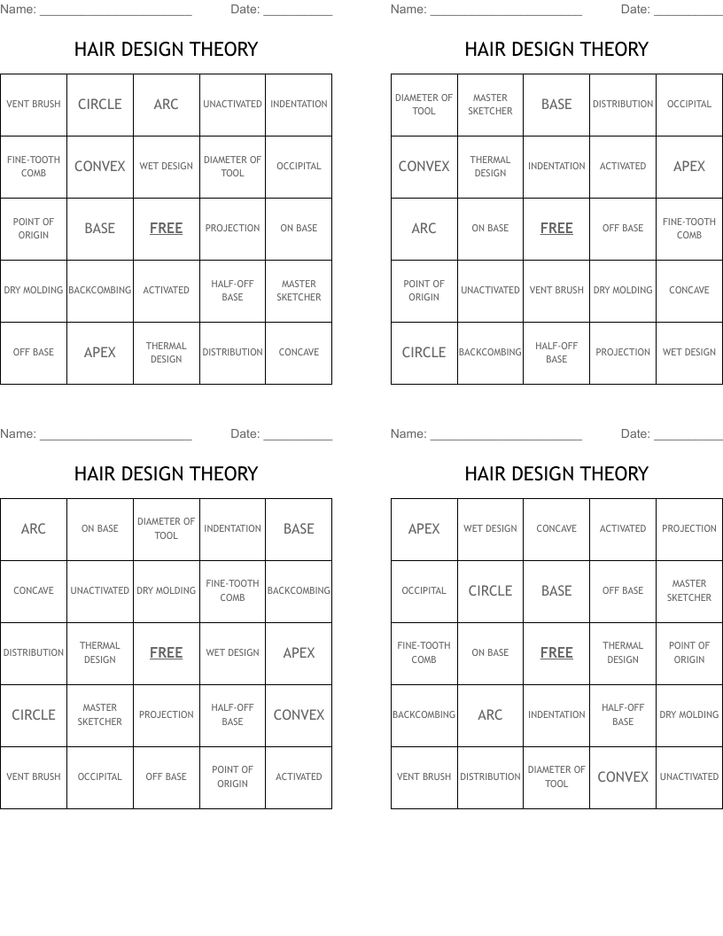 HAIR DESIGN THEORY Bingo Cards