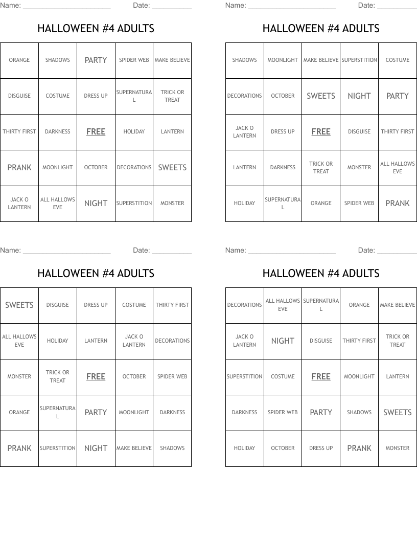 HALLOWEEN #4 ADULTS Bingo Cards