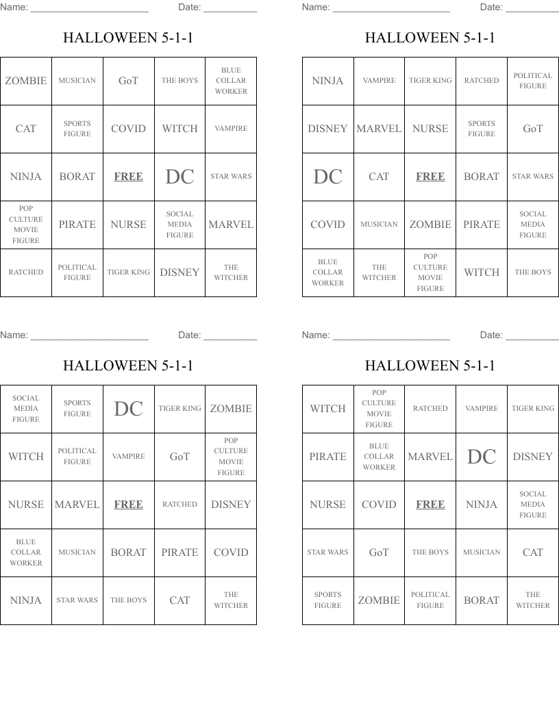 HALLOWEEN 5-1-1 Bingo Cards