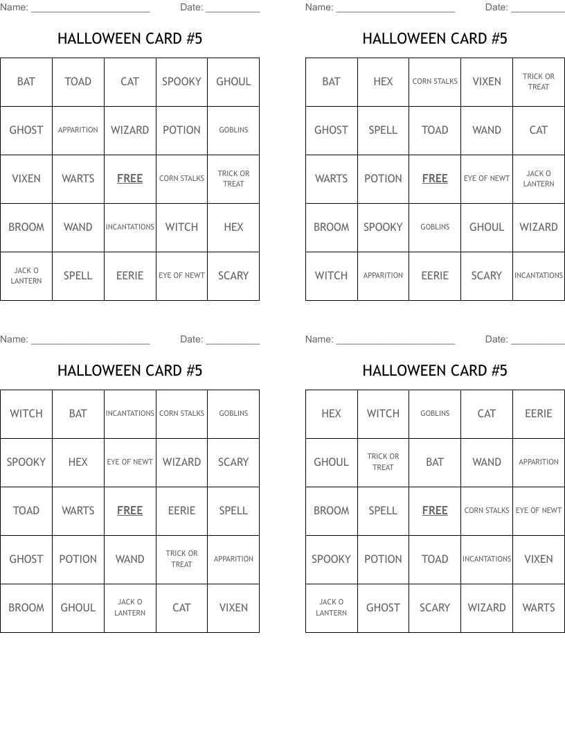 HALLOWEEN CARD #5 Bingo Cards