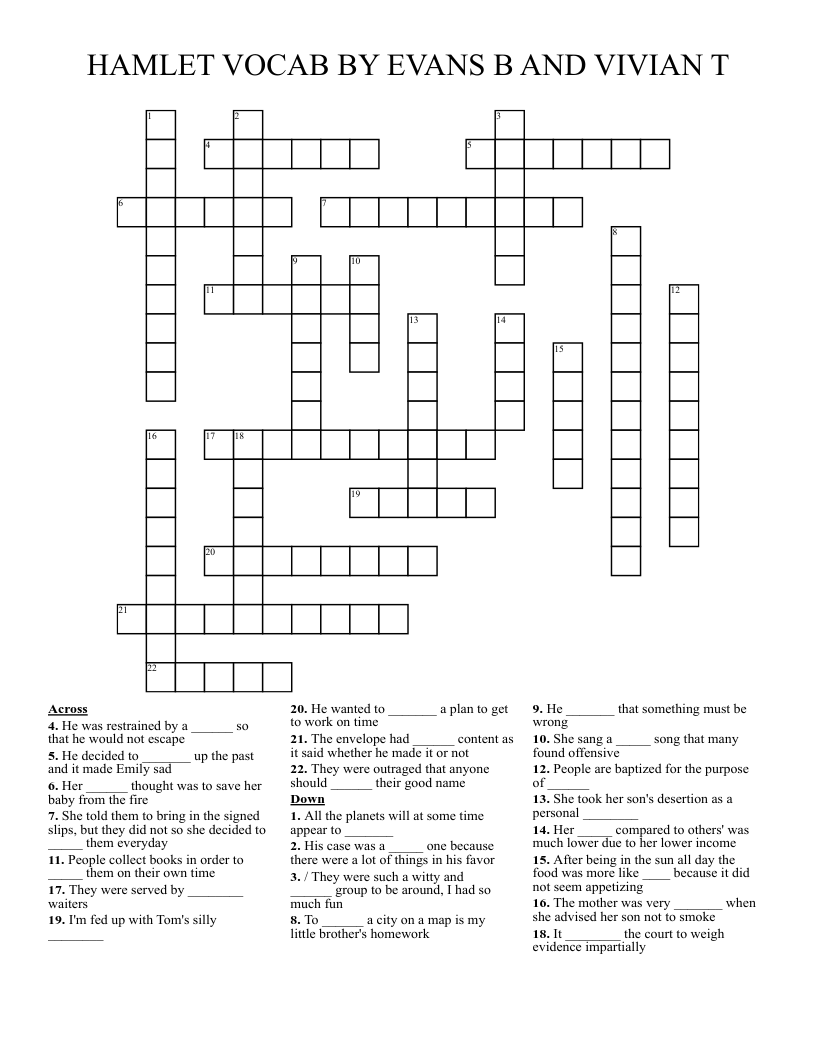 HAMLET VOCAB BY EVANS B AND VIVIAN T Crossword