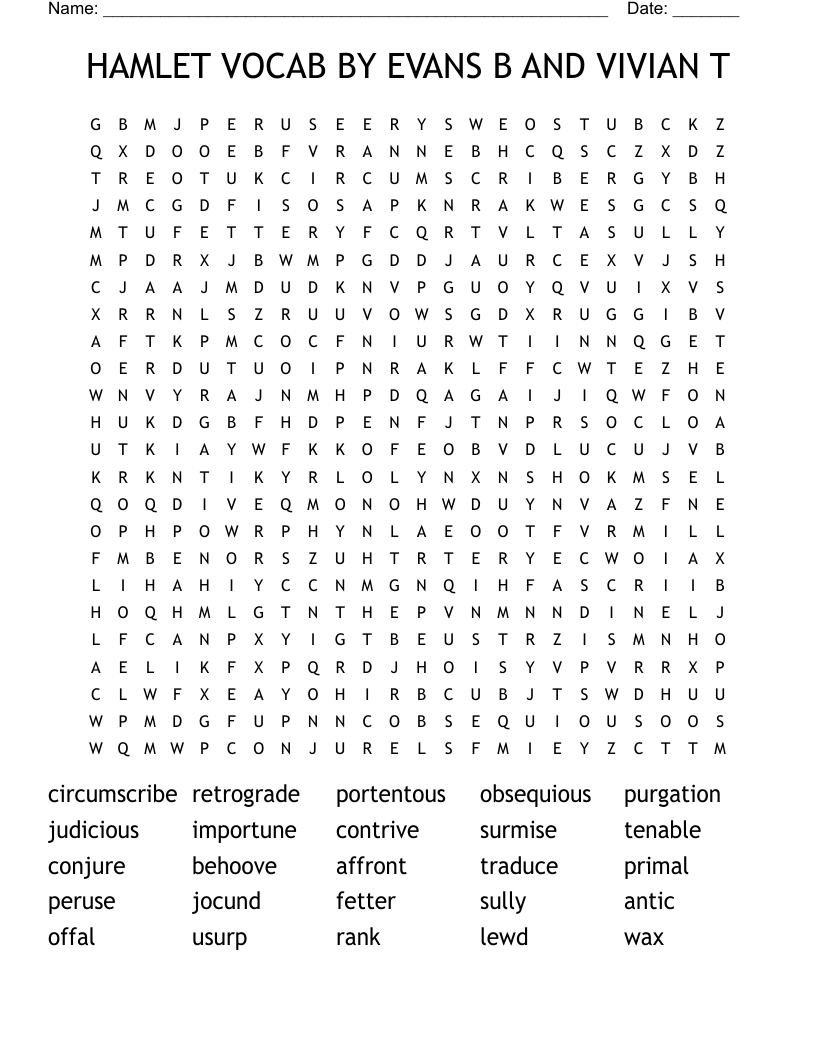HAMLET VOCAB BY EVANS B AND VIVIAN T Word Search