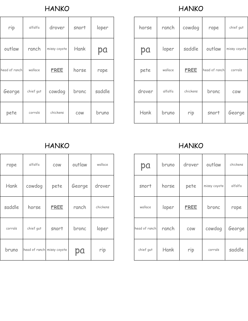 HANKO Bingo Cards