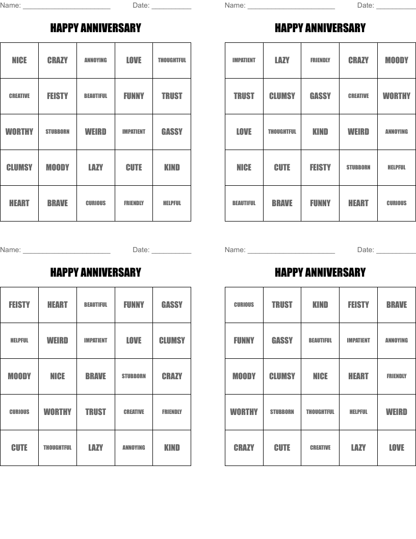 HAPPY ANNIVERSARY Bingo Cards