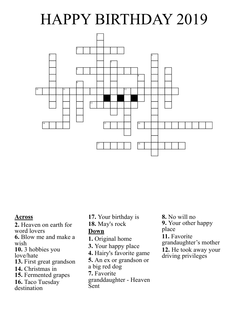 HAPPY BIRTHDAY 2019  Crossword