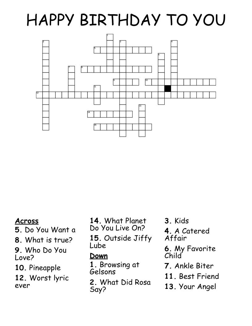 HAPPY BIRTHDAY TO YOU Crossword