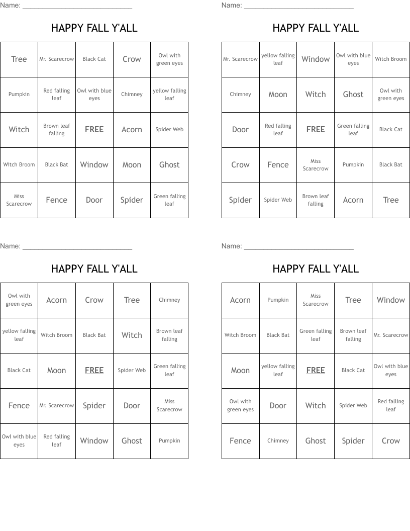 HAPPY FALL Y'ALL Bingo Cards