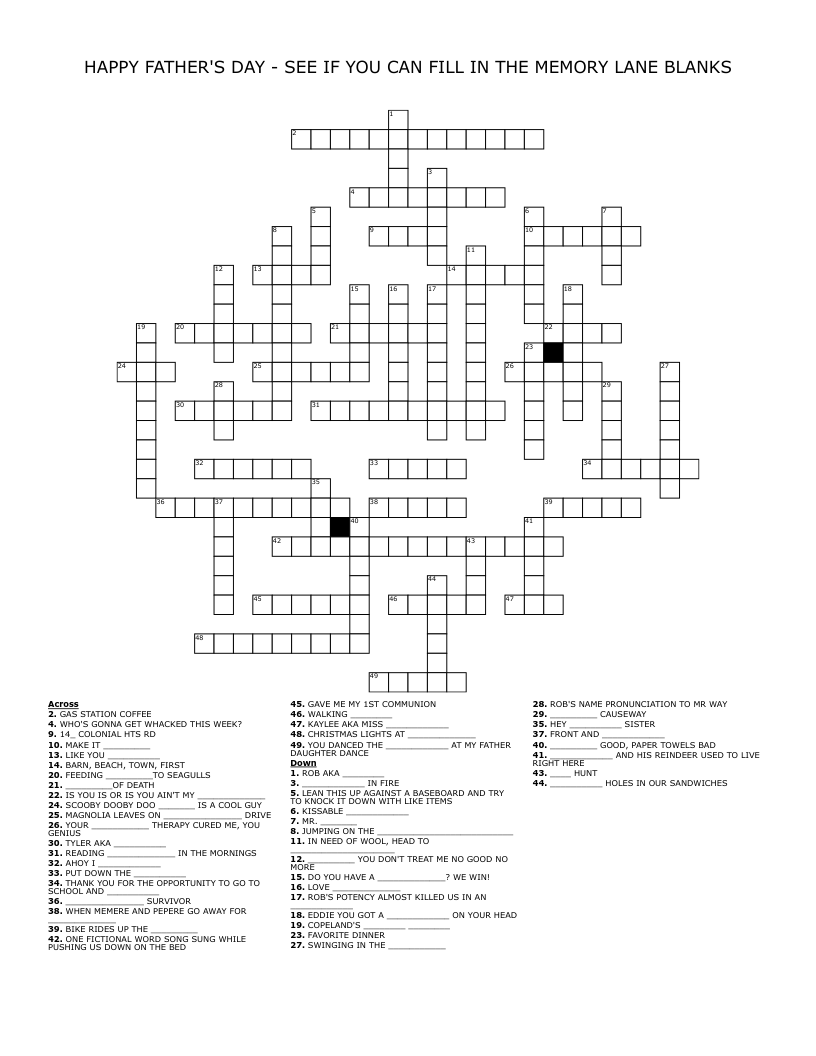 HAPPY FATHER'S DAY - SEE IF YOU CAN FILL IN THE MEMORY LANE BLANKS Crossword