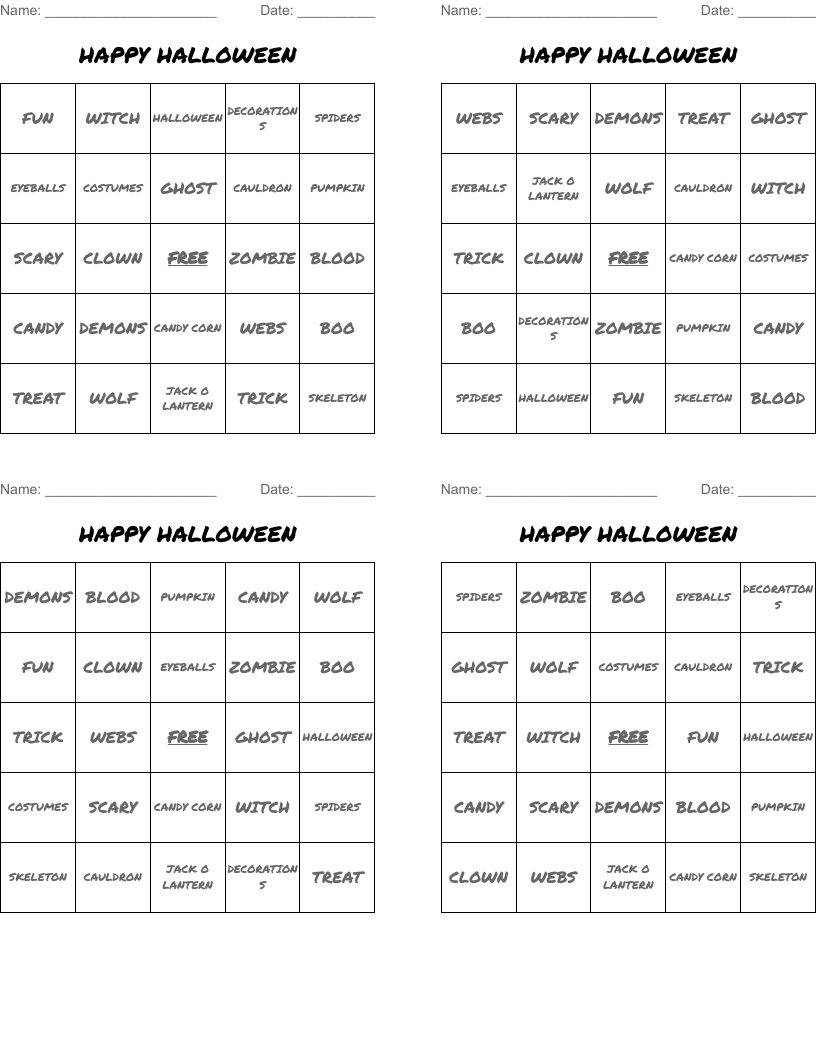 HAPPY HALLOWEEN Bingo Cards