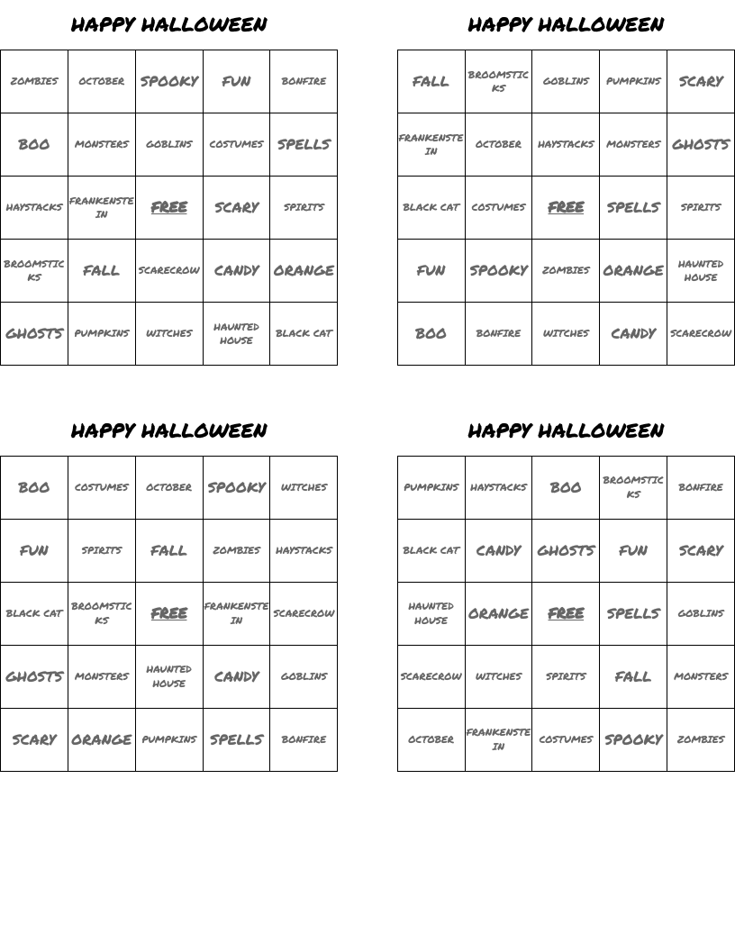 HAPPY HALLOWEEN Bingo Cards