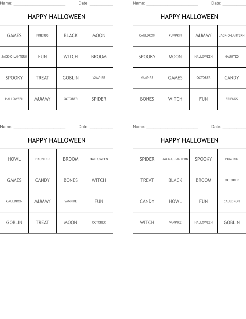 HAPPY HALLOWEEN Bingo Cards