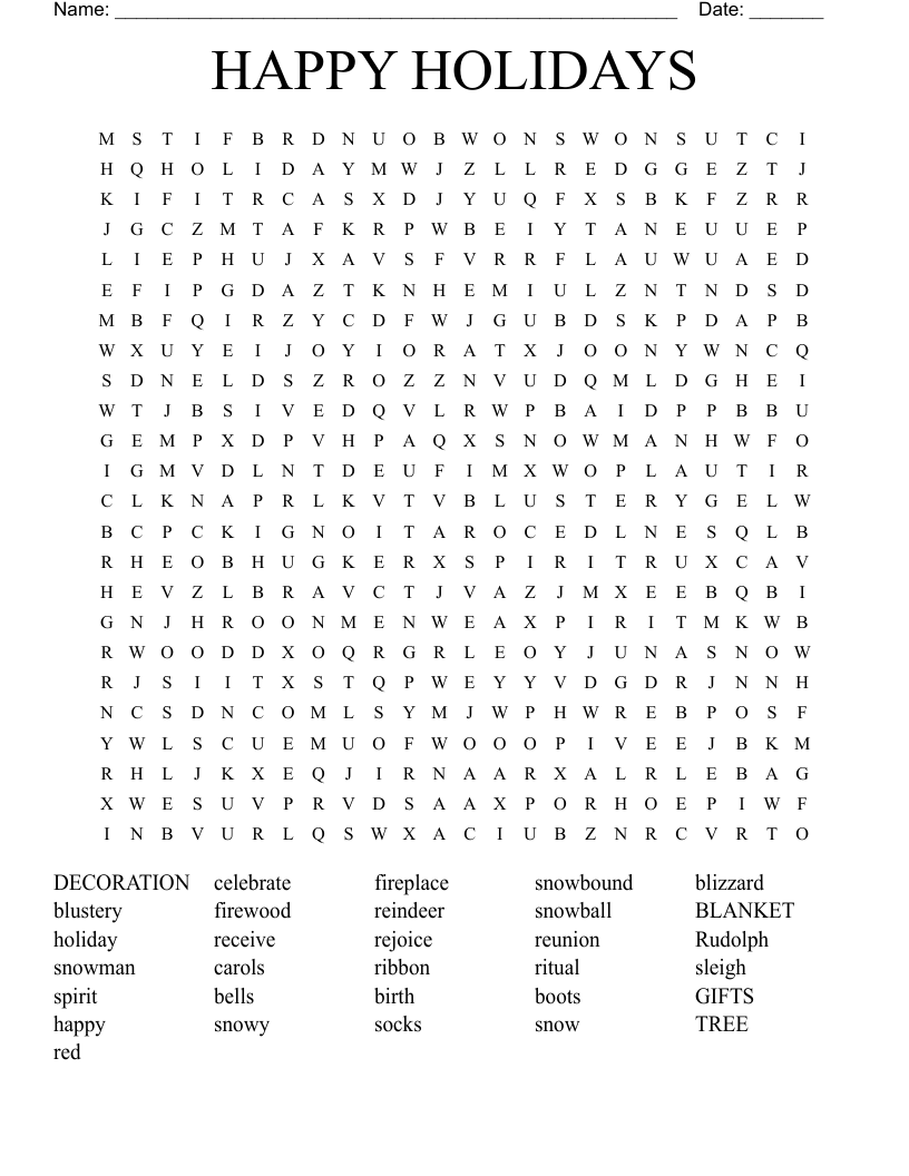 HAPPY HOLIDAYS Word Search