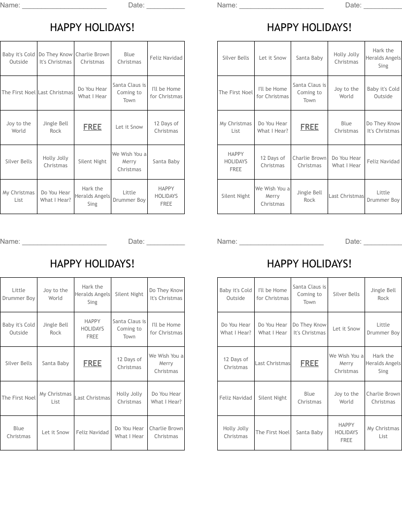 HAPPY HOLIDAYS! Bingo Cards