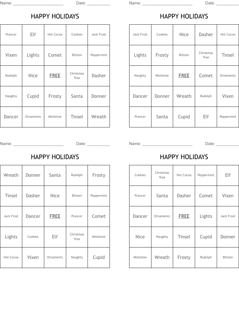 HAPPY HOLIDAYS Bingo Cards