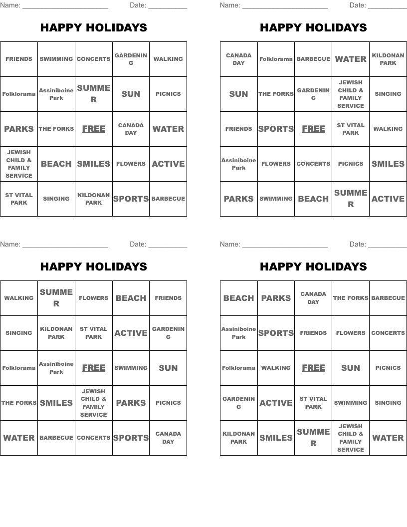 HAPPY HOLIDAYS  Bingo Cards