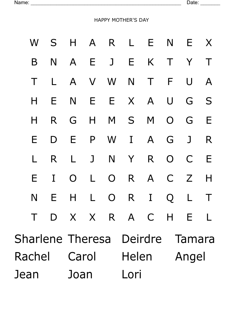 HAPPY MOTHER'S DAY                                                                                  Word Search
