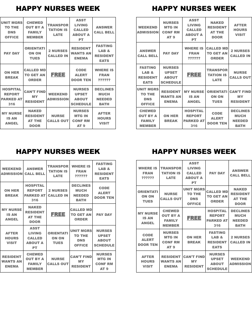 HAPPY NURSES WEEK Bingo Cards