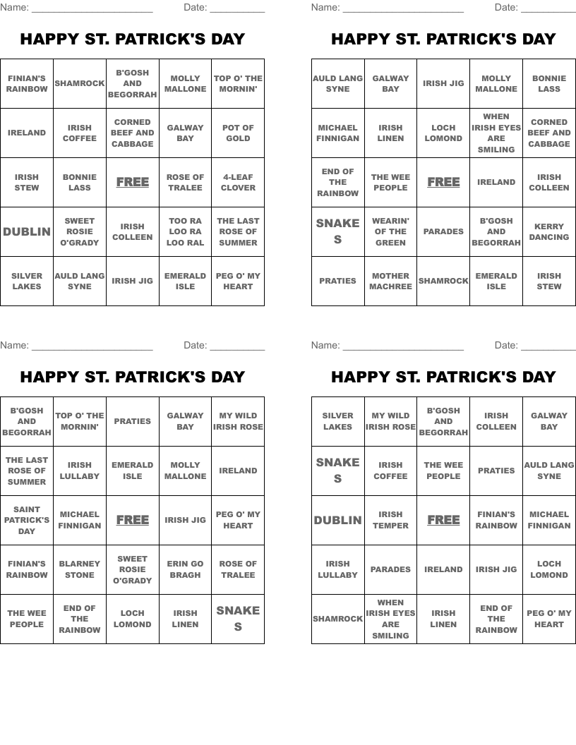 HAPPY ST. PATRICK'S DAY Bingo Cards