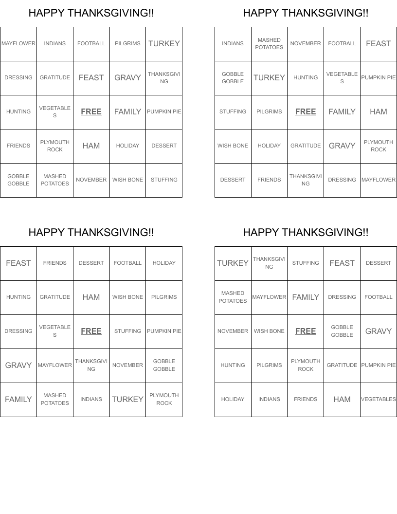 HAPPY THANKSGIVING!! Bingo Cards