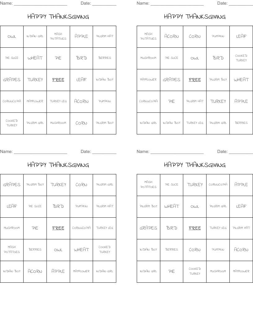 HAPPY THANKSGIVING Bingo Cards