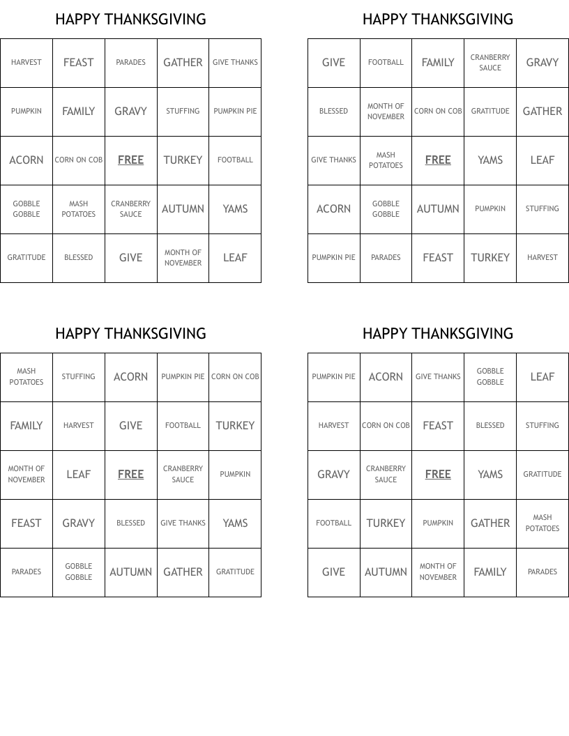 HAPPY THANKSGIVING Bingo Cards