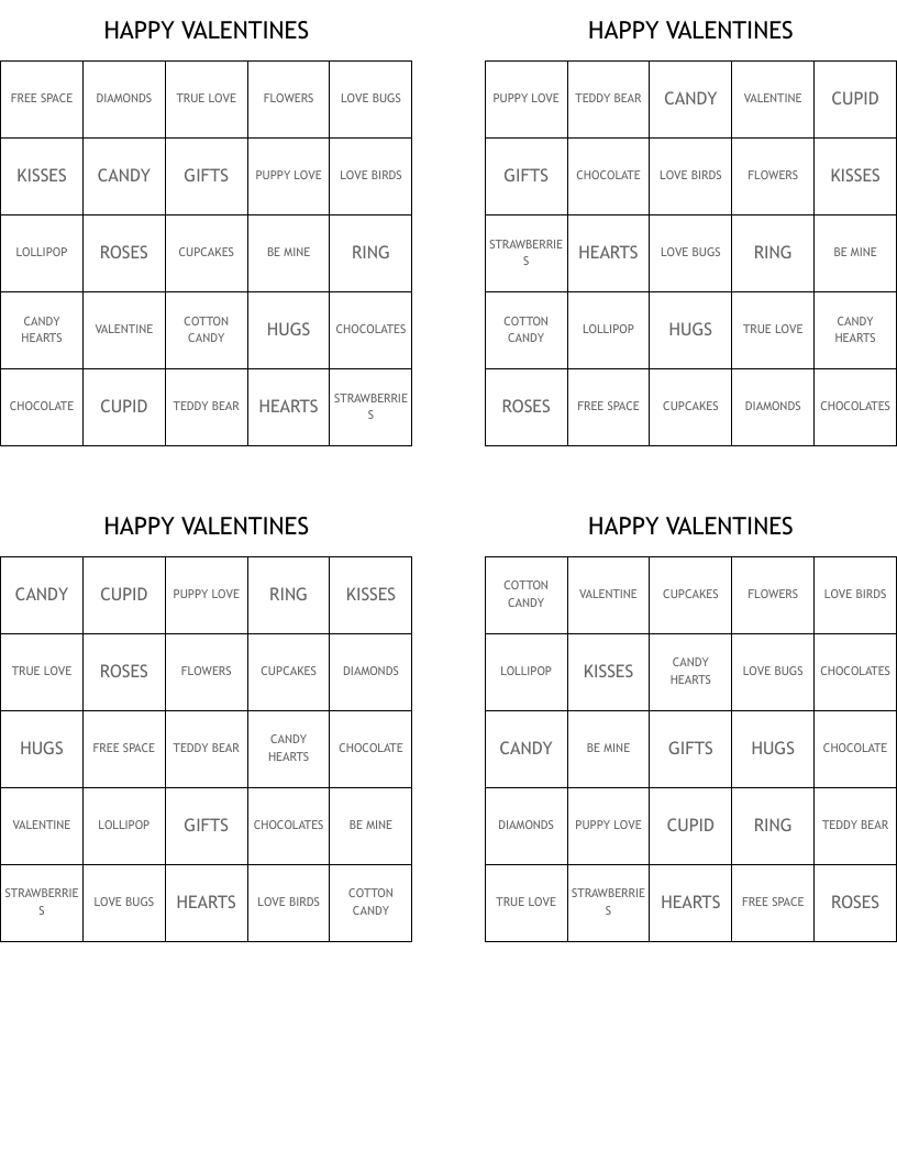 HAPPY VALENTINES Bingo Cards