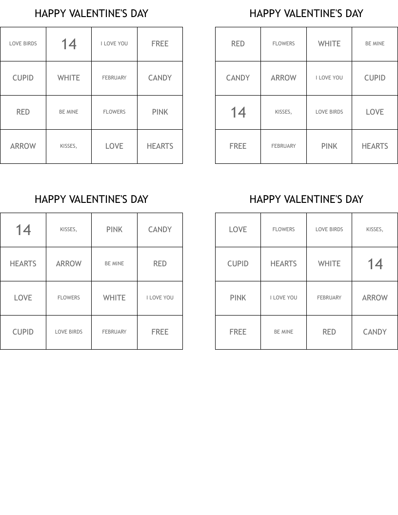 HAPPY VALENTINE'S DAY Bingo Cards