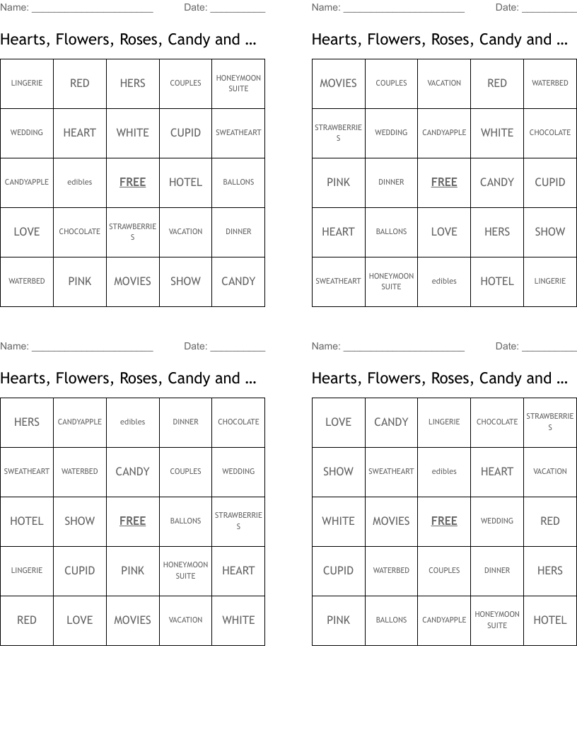 Hearts, Flowers, Roses, Candy and Cards Bingo Cards