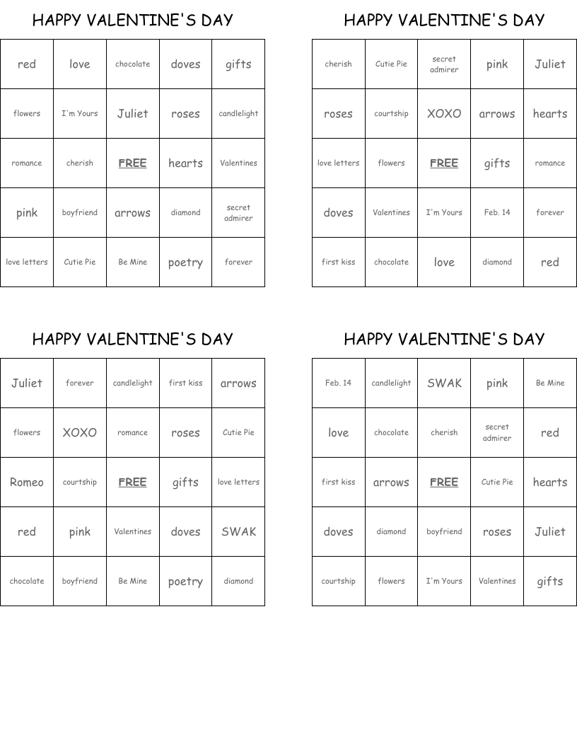 HAPPY VALENTINE'S DAY Bingo Cards