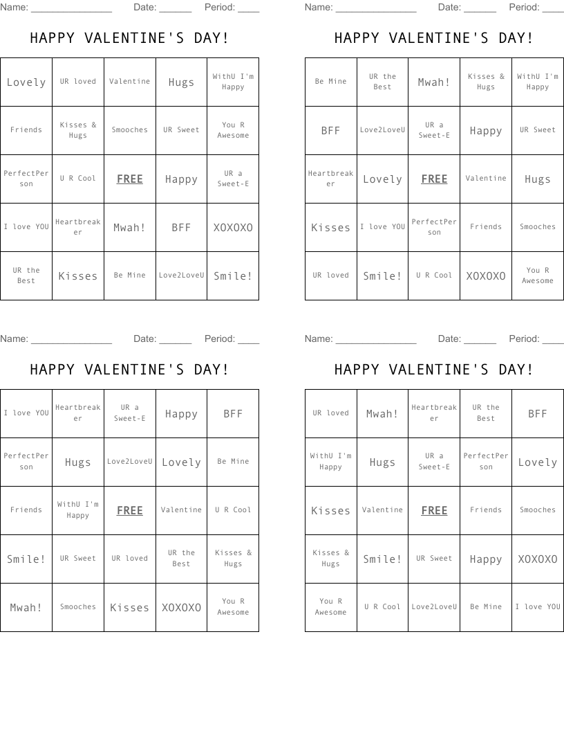 HAPPY VALENTINE'S DAY! Bingo Cards