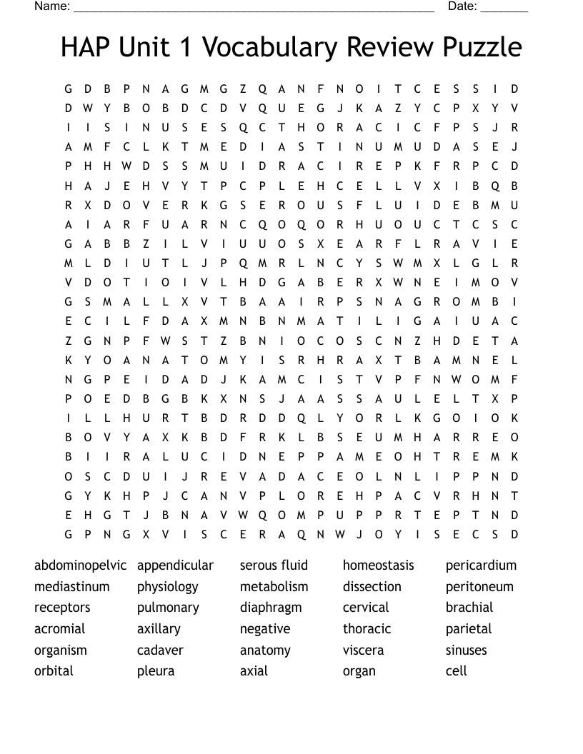 HAP Unit 1 Vocabulary Review Puzzle Word Search