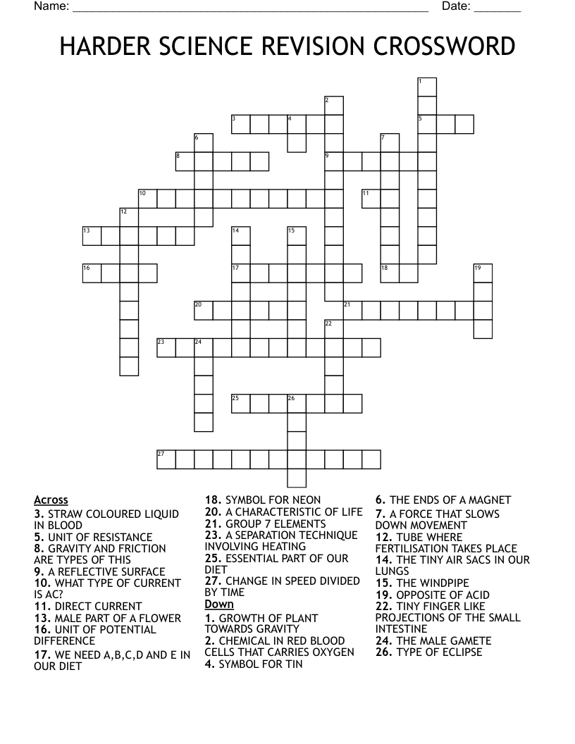 HARDER SCIENCE REVISION CROSSWORD