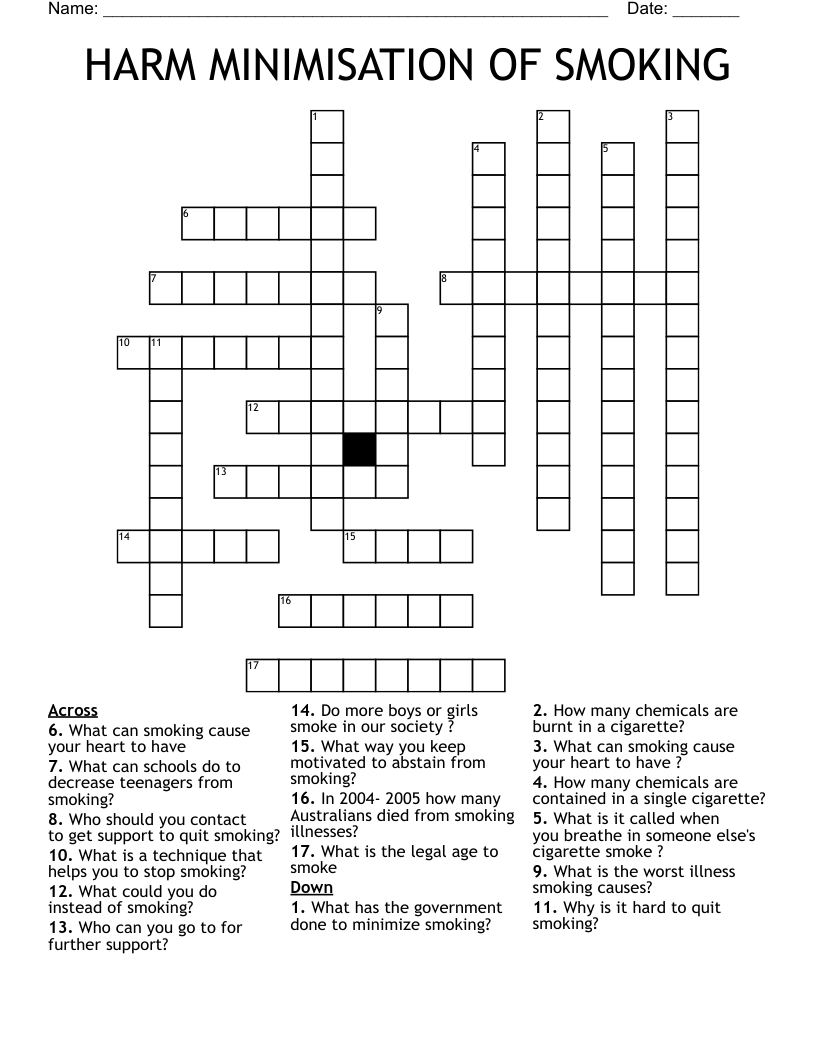HARM MINIMISATION OF SMOKING Crossword