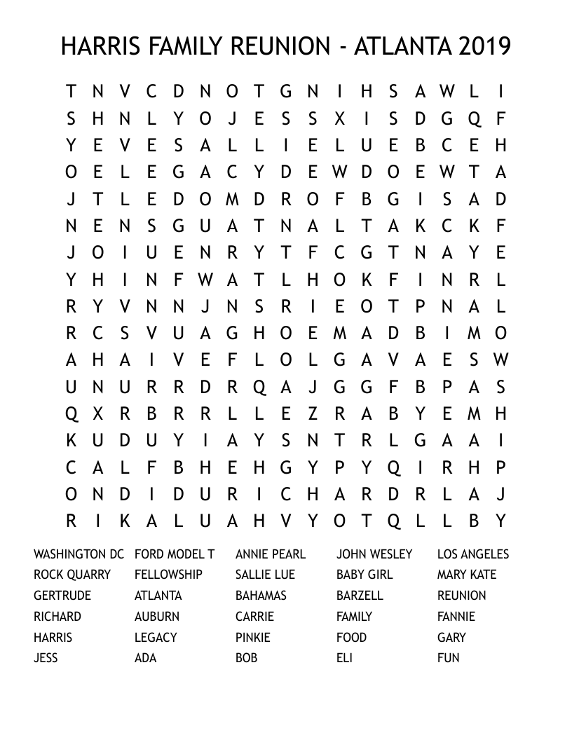 HARRIS FAMILY REUNION - ATLANTA 2019 Word Search