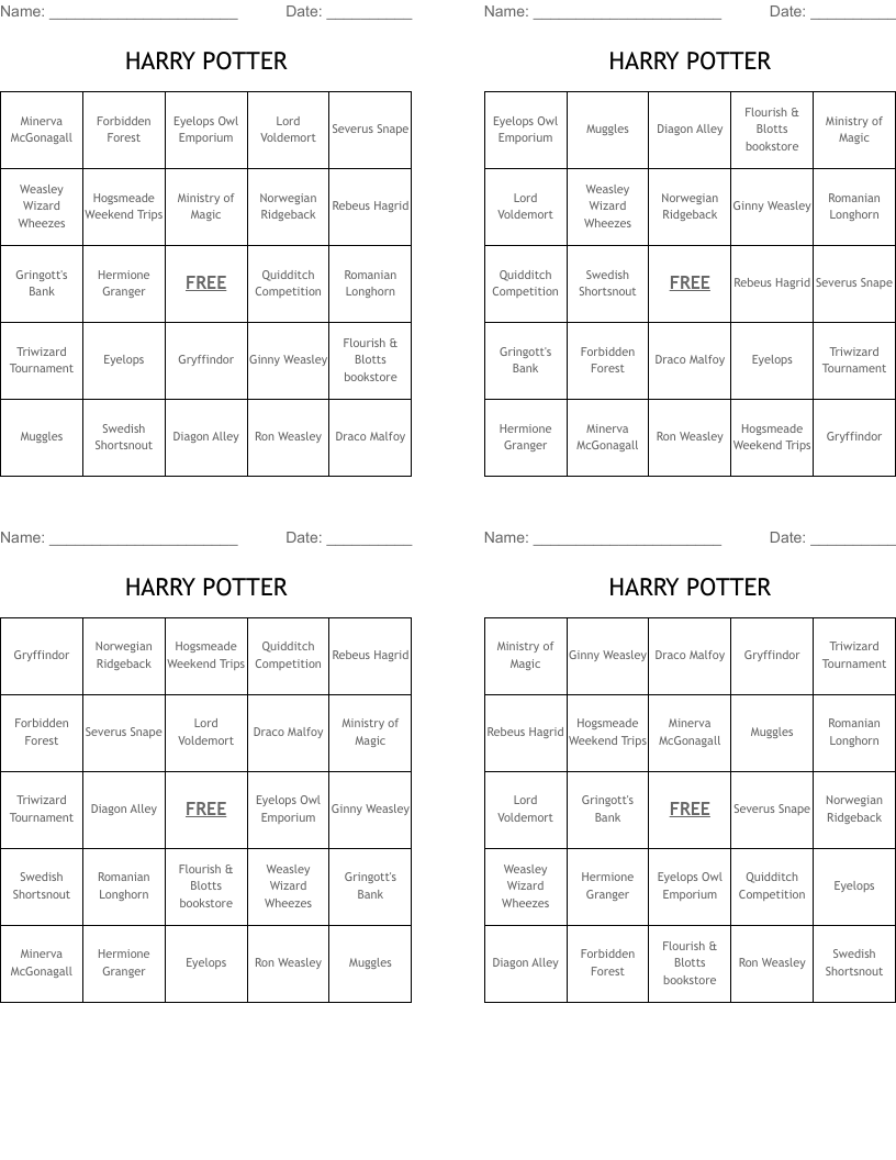 HARRY POTTER Bingo Cards